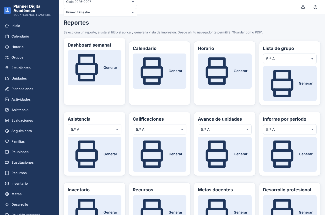 Pantalla de reportes imprimibles del planner